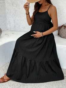 SHEIN Maternity Vacation Ruffle Hem Backless Tie Strap Dress - Black - View 6