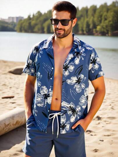 Manfinity KASUA Men's Floral Print Short Sleeve Shirt And Shorts Beach Outfit