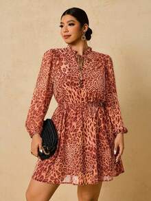 Travachic Đầm dài tay bằng vải chiffon họa tiết da báo cỡ lớn dành cho nữ, cổ chữ V, thắt eo, dáng chữ A, thích hợp mặc nhiều lớp vào mùa thu/đông. - trái cam - Xem 6