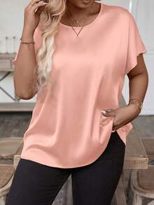 EMERY ROSE Plus Size Women's Solid Color Round Neck Batwing Short Sleeve Casual Shirt,Blush Pink,Summer,Elegant,Everyday,Formal Cute Oversized Tee Tops - Pink - View 4