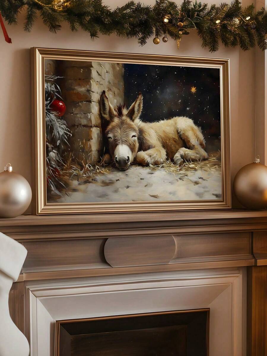 1pc Christmas Donkey Print, Nativity Wall Art, Rustic Holiday Decor, Religious Christmas Printable,Christmas Wall Art, Vintage Christmas Ornament Print, Christmas Wall Decor, Holiday Wall Art, Floral Christmas Painting, Victorian Flower Holly Garland Home Decor Christmas Decorations Room Decor - Multicolor - View 1