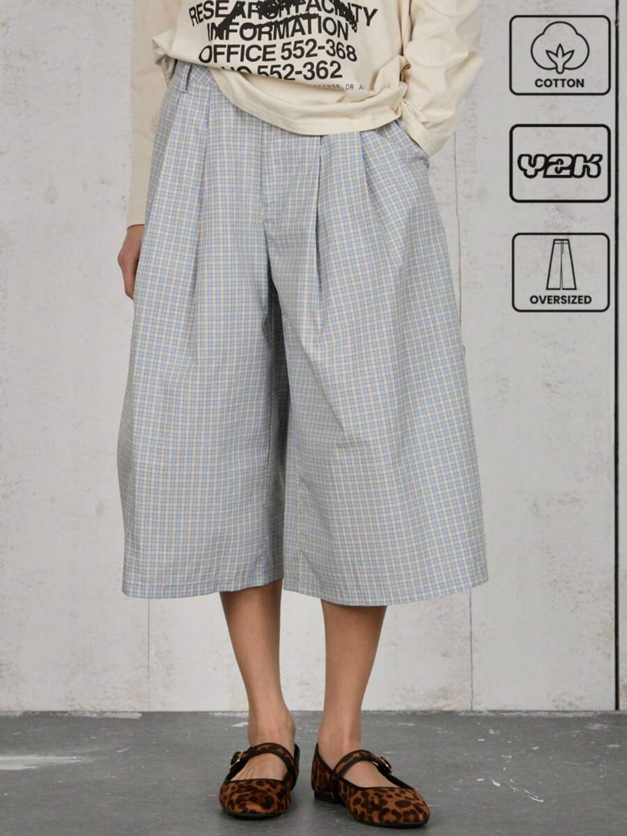 COUREZ Oversized Wide Leg Longline Check Jorts/ Y2K Fall Women Clohes Winter Clothes 100%Cotton Cute Going Out Outfits
