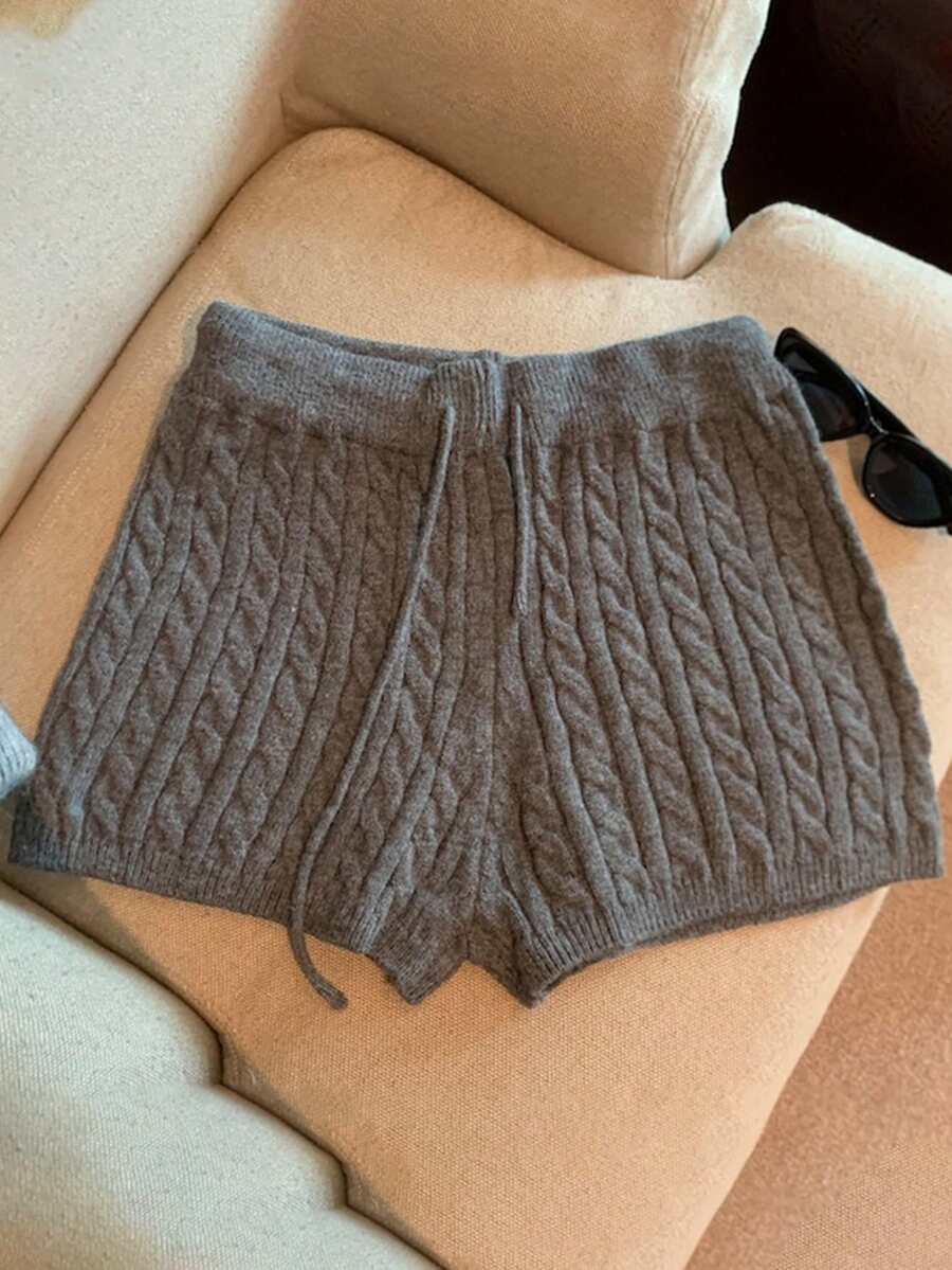 Franclia 女士休闲日常通勤简约纯色绞花针织抽绳腰带毛衣短裤，秋冬款