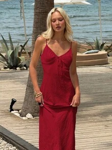 SHEIN EZwear Đầm slip nữ màu đỏ hồng kiểu dáng thường ngày - Màu Hoa hồng đỏ - Xem 4
