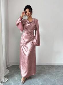 Elenzga 女士纯色垂褶领开衩袖优雅长裙 - 粉色 - 查看 6