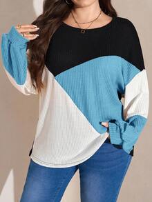 SHEIN LUNE Plus Size Casual Contrast Color Round Neck Lantern Sleeve Sweatshirt, Autumn Plus Size Fall Clothes - Teal Blue - View 3