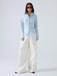 LYSMO Women's Solid Color Button Front Long Sleeve Casual Blouse - Baby Blue - View 3