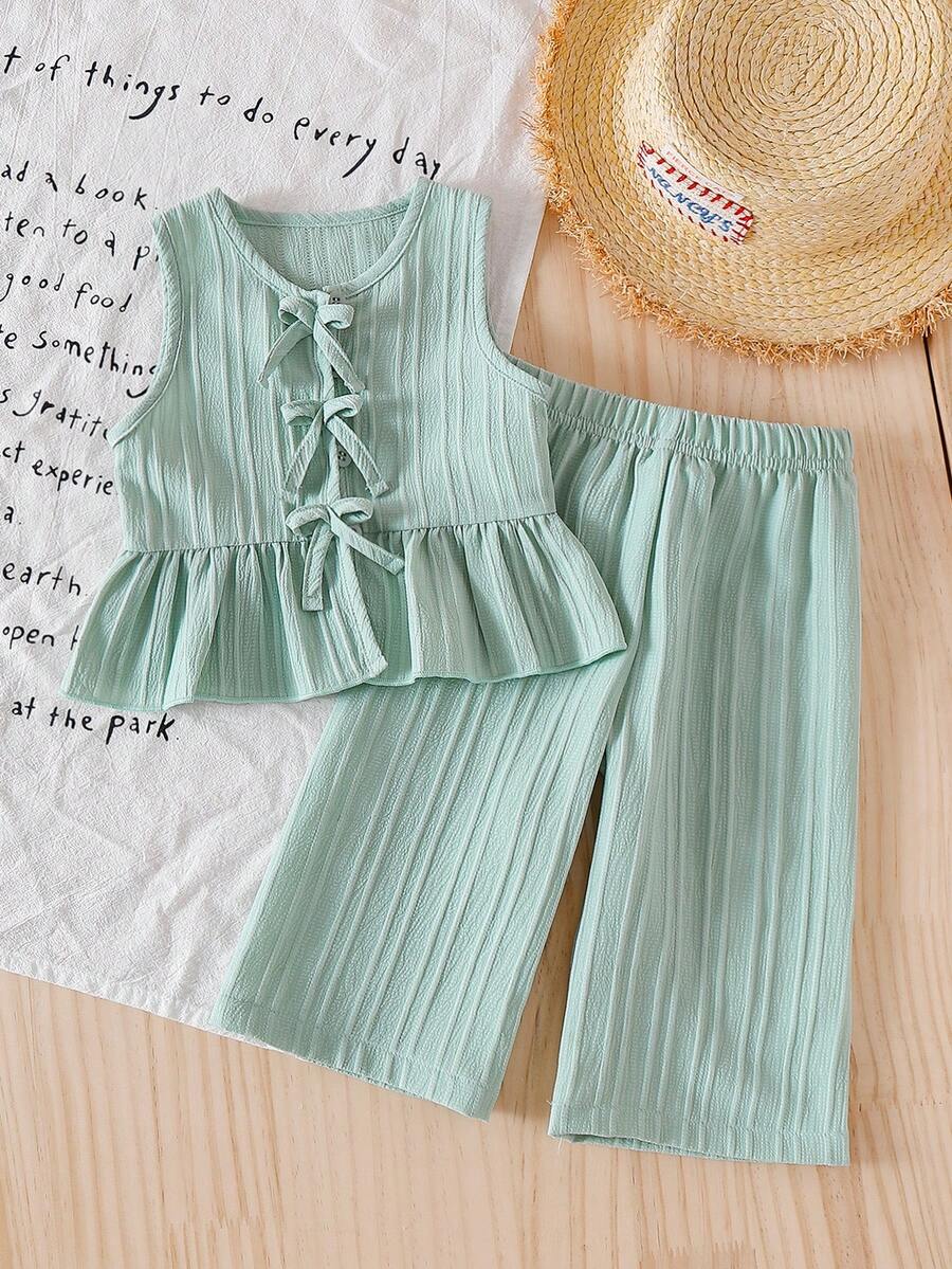 SHEIN Vintaside Kids 2件/套 嬰兒女童夏季套裝 鼠尾草綠圓領無袖荷葉邊上衣 & 鬆緊腰長褲 休閒度假款 柔軟舒適 禮物 3M-3Y - 綠色 - 查看 1