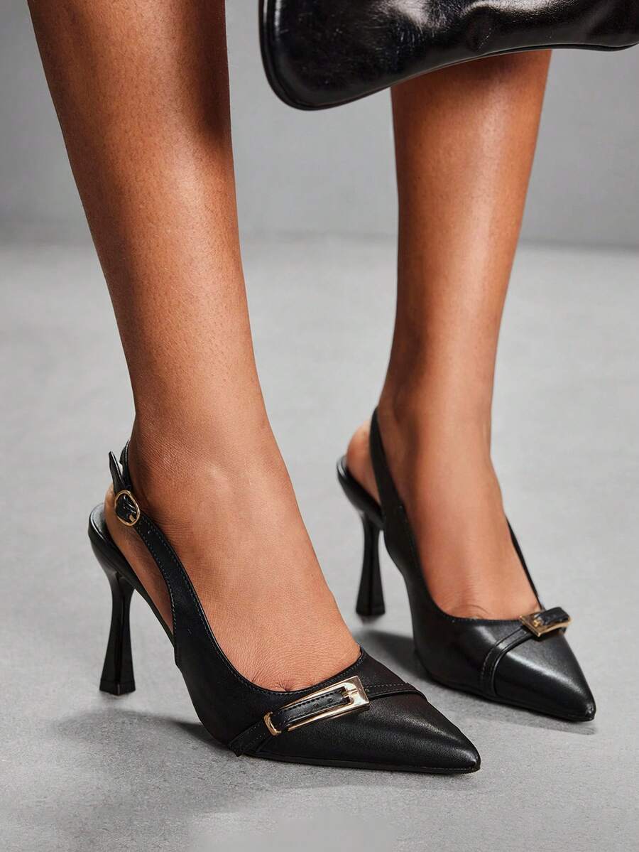 CUCCOO SZL Bombas de mujer de punta puntiaguda sin respaldo de unicolor minimalista casual - Negro - Ver 1