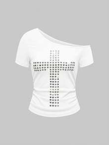 ROMWE Grunge Punk Y2K Punk Kpop Cross Rivet Oblique Shoulder Fitted Solid Color Versatile T-Shirt - White - View 5