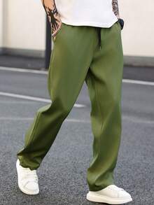 Manfinity Homme Pantalones casuales rectos y sueltos con cordón en la cintura y bolsillos para hombre - Verde Oliva - Ver 4