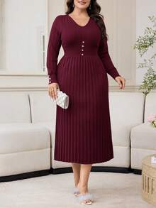 Modelyn 大码女式V领长袖纽扣设计优雅针织连衣裙 - 酒紅色 - 查看 4