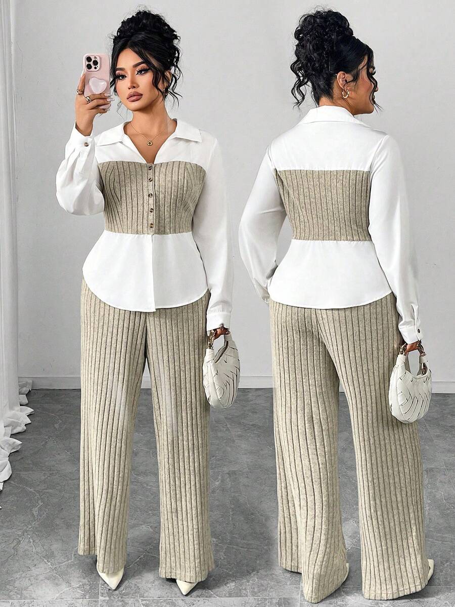 Elenzga Bộ 2 món áo dài tay chắp vá cỡ lớn và quần dài màu trơn - Nhiều màu - Xem 1