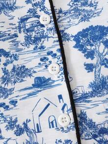 Babygirl Casual Cute Colorblock Landscape Graphic Ruffle Trim Long Sleeve Pajama Set - Blue - View 7