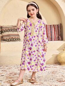 SHEIN Baby Purple Autumn Traditional Wedding Girls Floral Embroidered Bowknot V-Neck Long Sleeve Maxi Dress,Kids Prayer Abaya,Modest Kaftan Jalabiya,Lilac - Purple - View 3