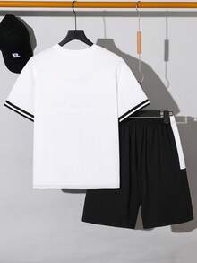Vacaura 2pcs/Set Teens' Casual Patchwork Round Neck T-Shirt And Shorts Set, Versatile For Daily Wear And Outdoor, Summer - Black and White - View 2