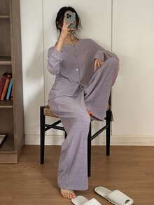 DAZY Ensemble de pyjama en tricot moelleux multicolore avec boutons décoratifs, automne/hiver pour femmes - Prune - Voir 5
