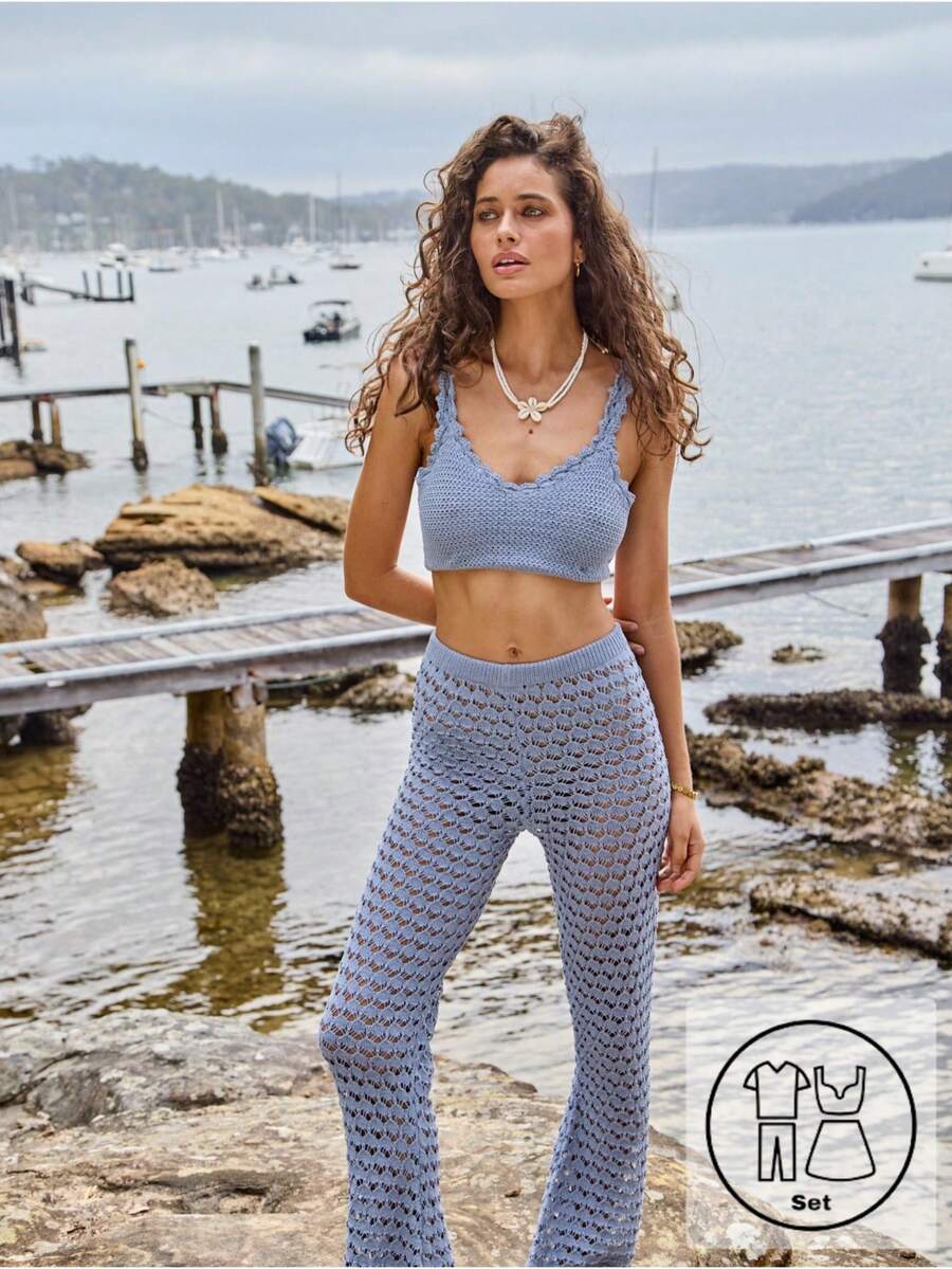 Aralina Women's Elegant Crochet Knit Crop Top And Flared Pants Set Perfect For Christmas Party And New Years And Thanksgiving Outfits - Baby Blue - View 1
