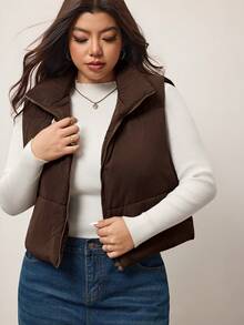 Enliva Plus Size Solid Casual Zip Up Vest Winter Coat, For Apple Rounded Body Shape - Coffee Brown - View 4