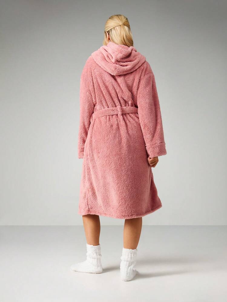 MISSGUIDED Women's Plush Hooded Bathrobe Long Sleeve Cozy Fleece Robe With Belt Winter Loungewear Soft Comfort Wear