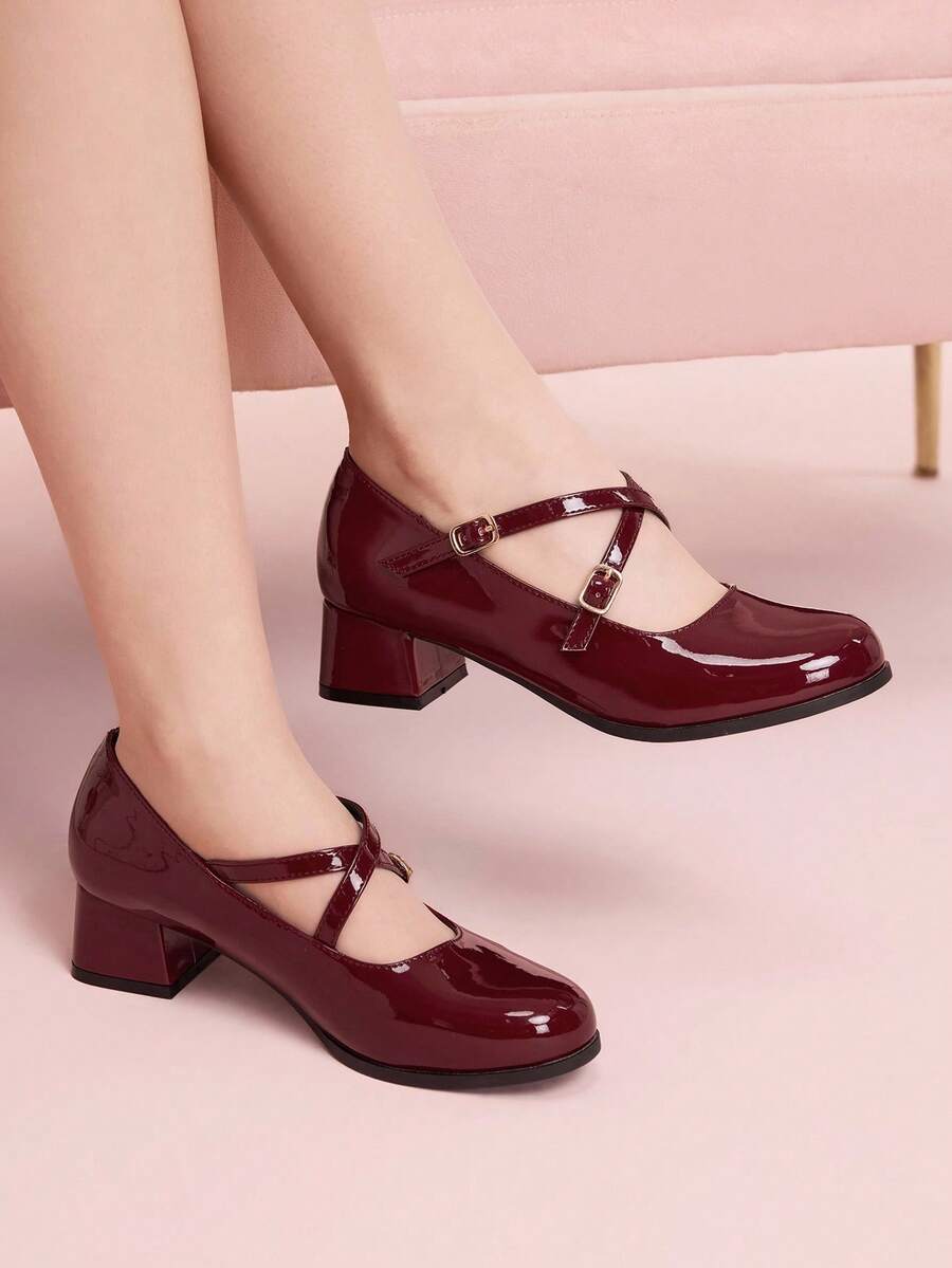 CUCCOO DOLLMOD Women's Fashionable Versatile Commuting Minimalist Buckle Pumps Valentine's Day - Burgundy - View 1
