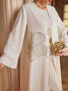 Al Najma Áo Abaya dài tay thanh lịch dành cho nữ, thêu hoa và đính ngọc trai giả. - Màu be - Xem 6