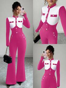 Elenzga 女士长袖修身喇叭裤两件套，显瘦优雅 - 玫紅色 - 查看 1