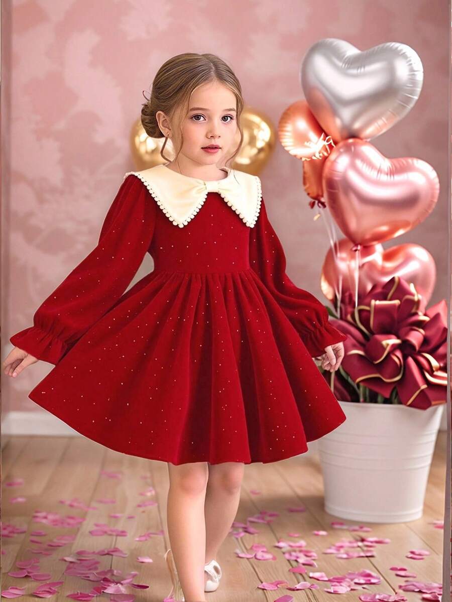 Elladie kids 秋季少女柔软舒适长袖亮片仿珍珠领连衣裙，优雅百搭的红色连衣裙适合各种场合：圣诞节、聚会、派对、生日、庆典、活动、春/秋/冬 - 紅色 - 查看 1