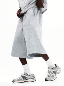 SUMWON Relaxed Fit Pull On Denim Jorts With Embossed Floral Design Wide Leg Knee Length Summer Casual Shorts - Grey - View 3