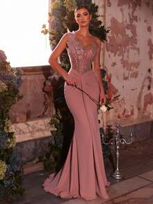 Glamrae Elegant Luxurious Beaded & Sequin Floral Design Elastic Ruched Mermaid Skirt, Suitable For Weddings, Parties, Vacations, Galas, Formal Occasions (Heavy Embellishment) - Dusty Pink - View 7