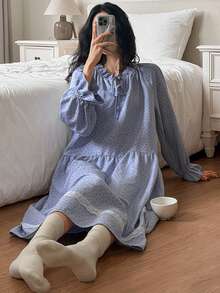 DAZY Vacation Style Ditsy Floral Ruched Frill Collar Lace Patchwork Loose Long Women Nightgown - Blue - View 5