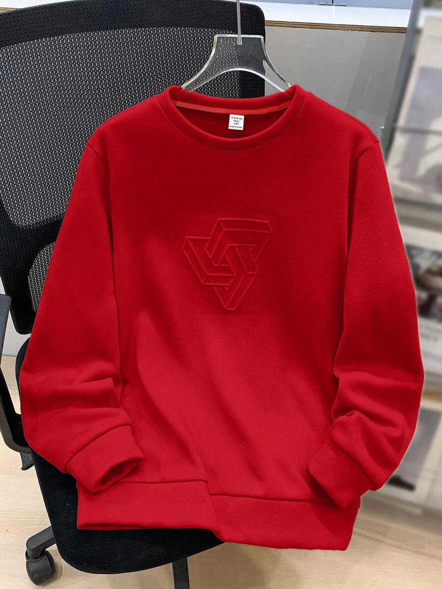 SHEIN 青少年男孩休闲宽松舒适百搭纯色压花图案圆领运动衫，适合上学和户外运动 - 紅色 - 查看 1
