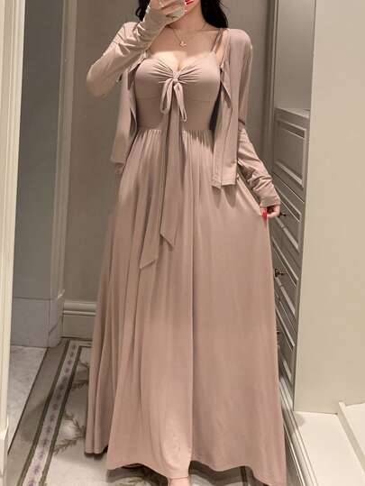 DAZY Women's Alluring Knit Cropped Cardigan & Camisole Nightgown Sleepwear Set