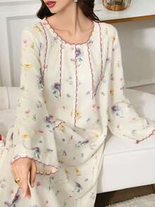 Yasmyna 女款花卉印花寬鬆長版復古優雅休閒阿拉伯風圓領長袖正式冬季洋裝 - 彩色 - 查看 2