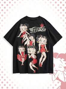 Betty Boop | ROMWE Áo thun dáng rộng cỡ lớn in hình người theo phong cách cổ điển - Đỏ - Xem 1