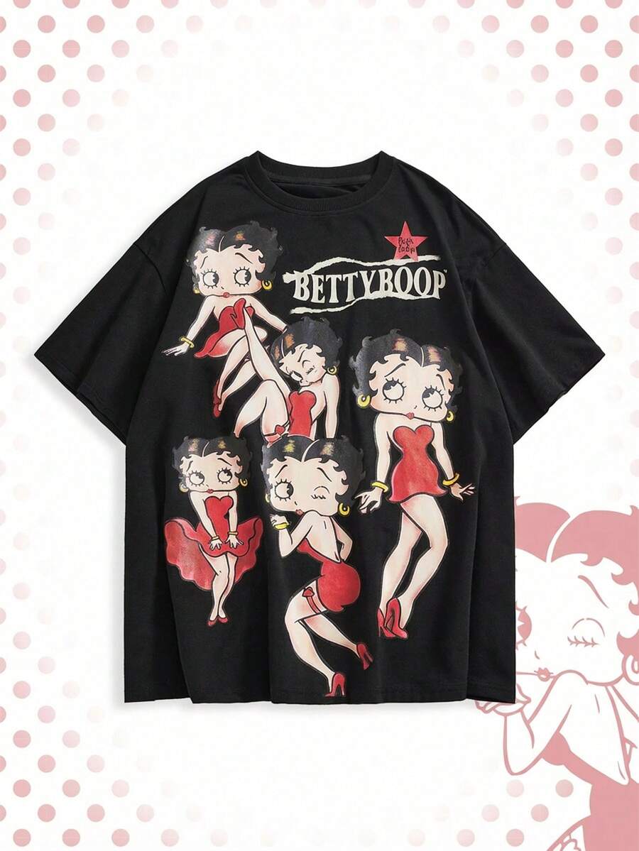 Betty Boop | ROMWE Áo thun dáng rộng cỡ lớn in hình người theo phong cách cổ điển - Đỏ - Xem 1