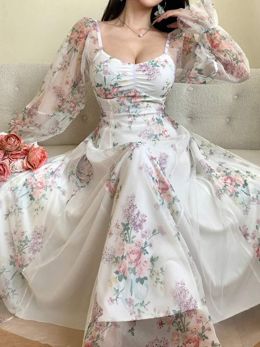 DAZY 女士甜心领网纱拼接长袖收腰优雅印花中长连衣裙复活节吊带裙 - 彩色 - 查看 1