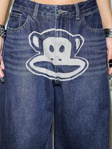 Paul Frank X ROMWE Y2K街头风卡通图案复古水洗宽松牛仔裤 - 藍色 - 查看 6