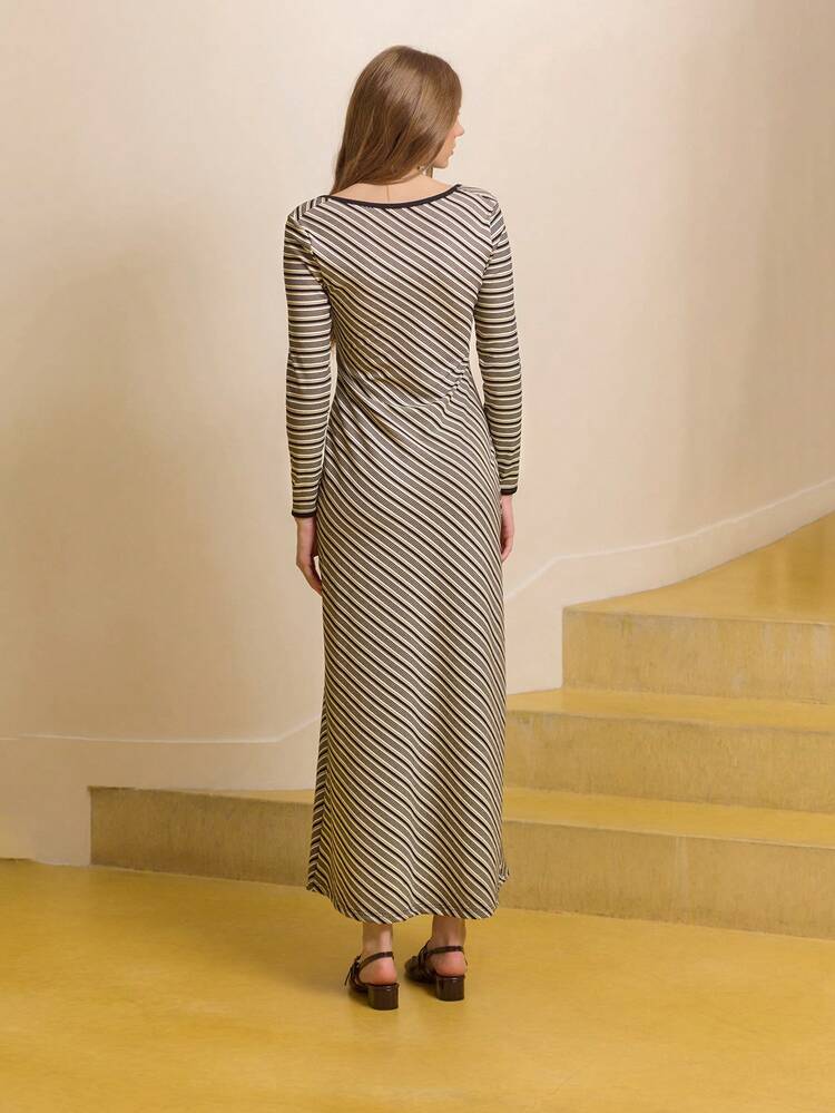Black And White Striped Long Sleeve Maxi Rib Knit Dress With Scoop Back Elegant Spring  Evening Dress Date Night Dress French Style Parisian Style