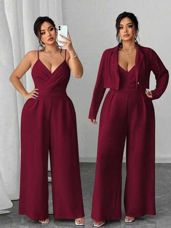 Elenzga 大码女士优雅简约商务西装外套及无袖收腰阔腿连体裤两件套，酒红色