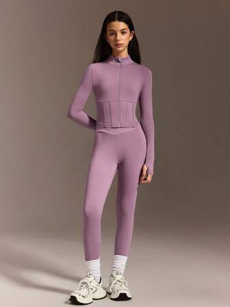 SHEIN Tonårsflickors 2-delat outfit, stickad enfärgad dragkedja med jacka och leggings, avslappnad sportig chic college-stil athleisure träningsoverall, långärmad tröja och smala byxor