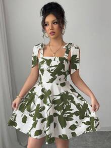 Elenzga Vestido mini con estampado floral y tirantes con lazo, estilo vacacional - Verde militar - Ver 5
