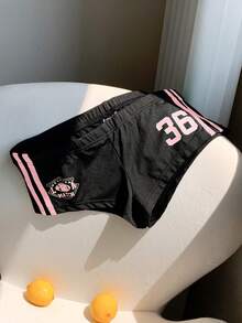 Comfortcana Quần short thể thao nữ màu đen dệt kim, kiểu dáng thường ngày, họa tiết chữ cái, chi tiết gân nổi, quần short thể thao, quần short biker, quần short nữ. - màu đen - Xem 3