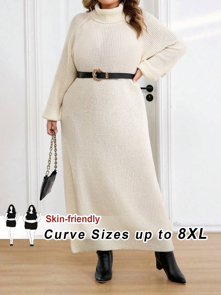 SHEIN CURVE+ 秋冬季大码女士纯色休闲长袖毛衣连衣裙 - 杏色 - 查看 1