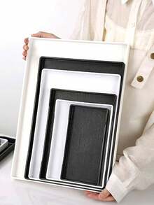 1pc, Simple Plastic Black And White Imitation Wood Grain Bottom Anti Slip Square Tray, Hotel Tea Cup, Towel Rectangular Tray, Cup, Hotel, Room Toiletries Storage - Multicolor - View 4