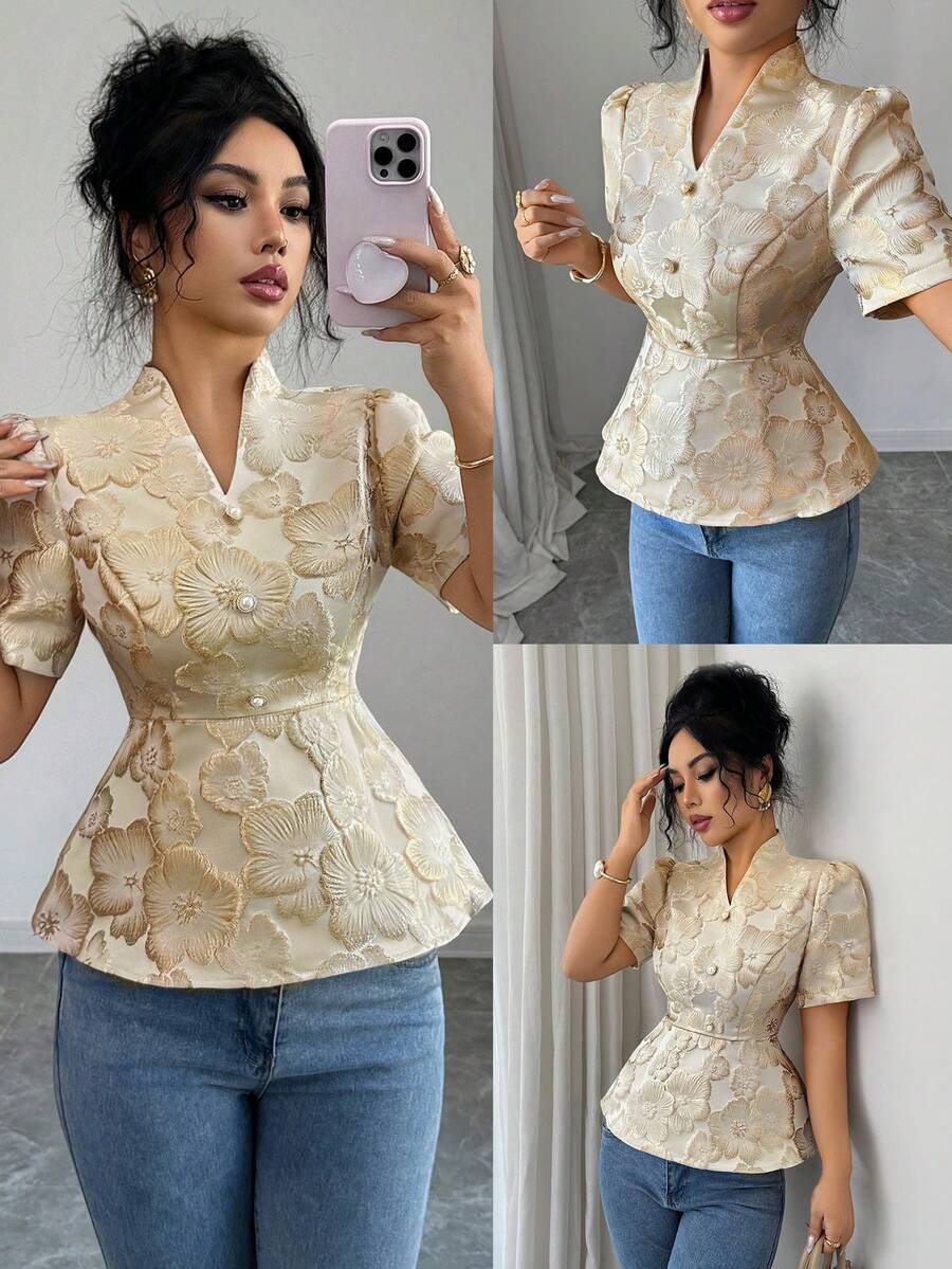 Elenzga Đầm dự tiệc thanh lịch, tối giản, đa năng dành cho nữ, thiết kế vải hoa tinh tế, tay ngắn, cổ tim màu vàng, thắt eo. - Màu be - Xem 1
