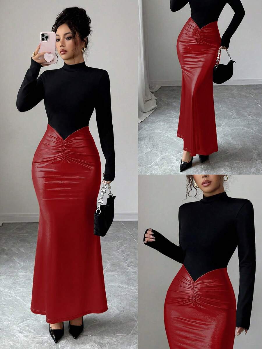 Elenzga Đầm dài ôm dáng cổ phối màu tương phản dành cho nữ - Màu Đỏ Sâu - Xem 1