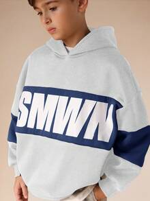 SUMWON Boys Oversized Logo Block Panel Pullover Hoodie With Ribbed Cuffs Casual Sweatshirt Winter Spring Fall Vacation - Light Grey - View 4