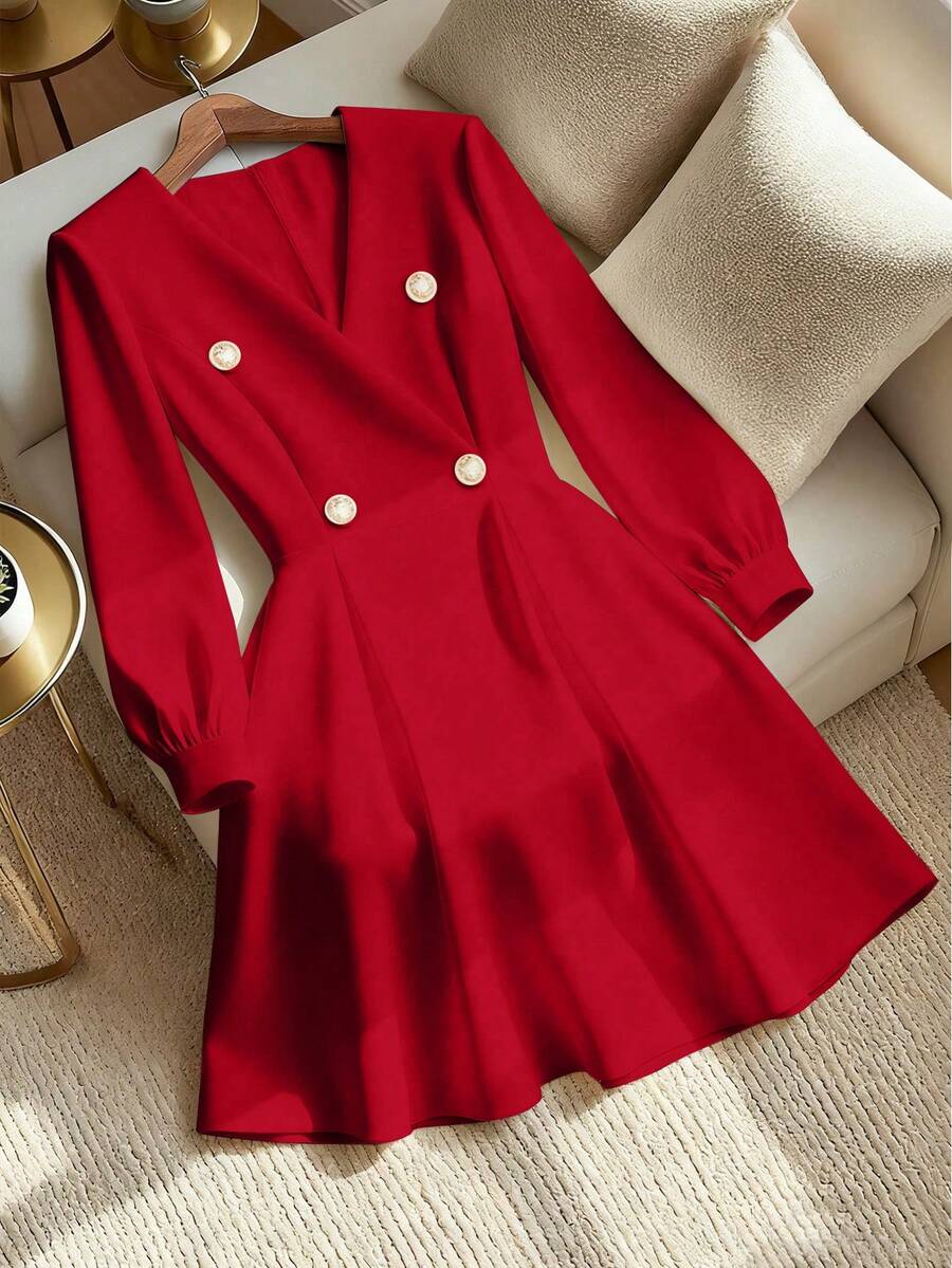 GlowEve CURVE Plus Size Women's Long Sleeve Crossover Fitted Metal Double Buckle Elegant White Dress, Spring/Autumn - Red - View 1