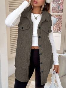 SHEIN EZwear 1 pièce Manteau sans manches décontracté à boutons et poches pour femmes, de couleur unie. Idéal pour le port quotidien en automne/hiver, l'automne, pour les femmes qui travaillent de chez elles en hiver. Manteau sans manches confortable pour les femmes au petit-déjeuner. - Gris foncé - Voir 7